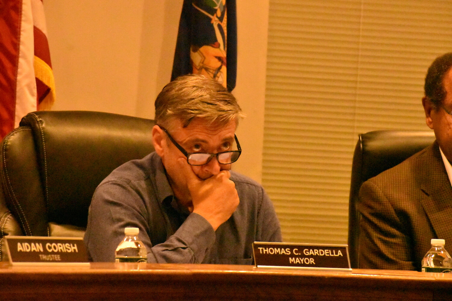 Mayor Tom Gardella listens to comments on the proposed Sag Harbor Village tree preservation law. STEPHEN J. KOTZ