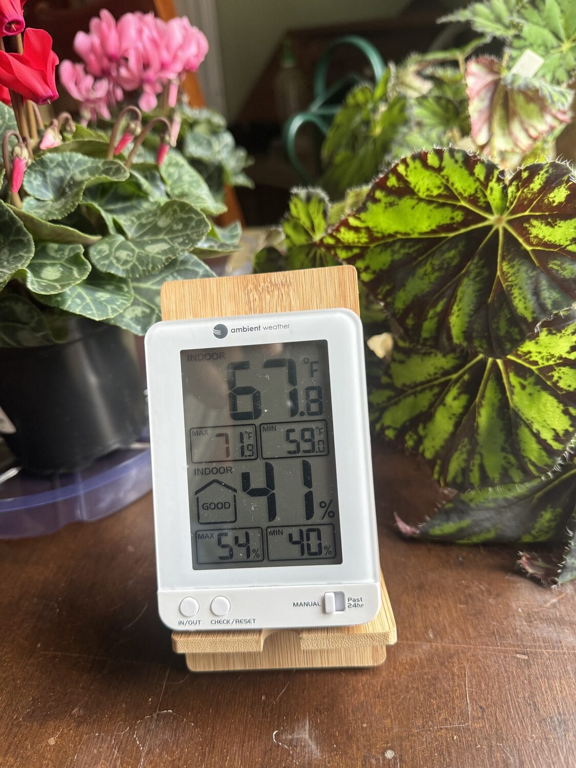 A simple and small hygro/thermometer is essential in know the humidty and moisture in the air around your houseplants.  This model retains highs and lows of each until it’s reset. A great stocking stuffer, and they run around $20.
ANDREW MESSINGER