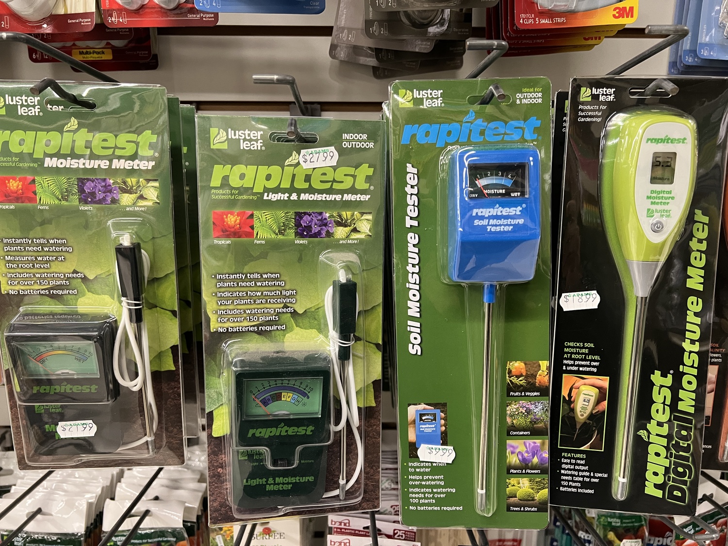 Want some help with knowing the amount of light you have in a certain spot or if your soil is too dry, too wet or just right? These meters are great tools to help, and with their guidance and some experience you won’t need them much. The blue Rapitest soil moisture tester is $10 and a great deal. Remember to clean off the bottom inch where the sensor is after you use it to keep the tool accurate. Only the tip, to the white line, is the moisture-sensitive portion of the probe. ANDREW MESSINGER
