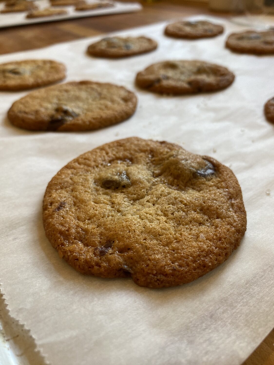 Brown butter-toffee chocolate chip cookies fresh out of the oven. KIM COVELL