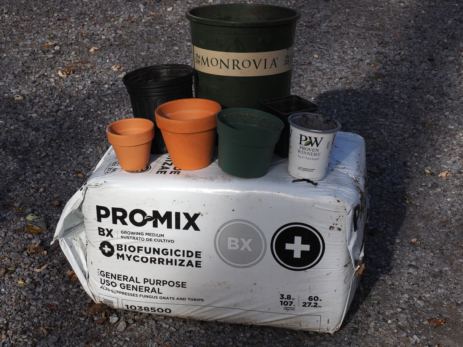 A 4-inch clay pot and 6-inch clay pot on the left, and the rest are plastic pots from 1 pint to 5 gallons in sizes. This was the first chapter in the houseplant revolution of the late 1960s. Chapter two was the bale of soil under the pots. ProMix was the first commercially available peat-lite or soilless potting mix, and you can buy it by the bale or in smaller bags for home use.
ANDREW MESSINGER