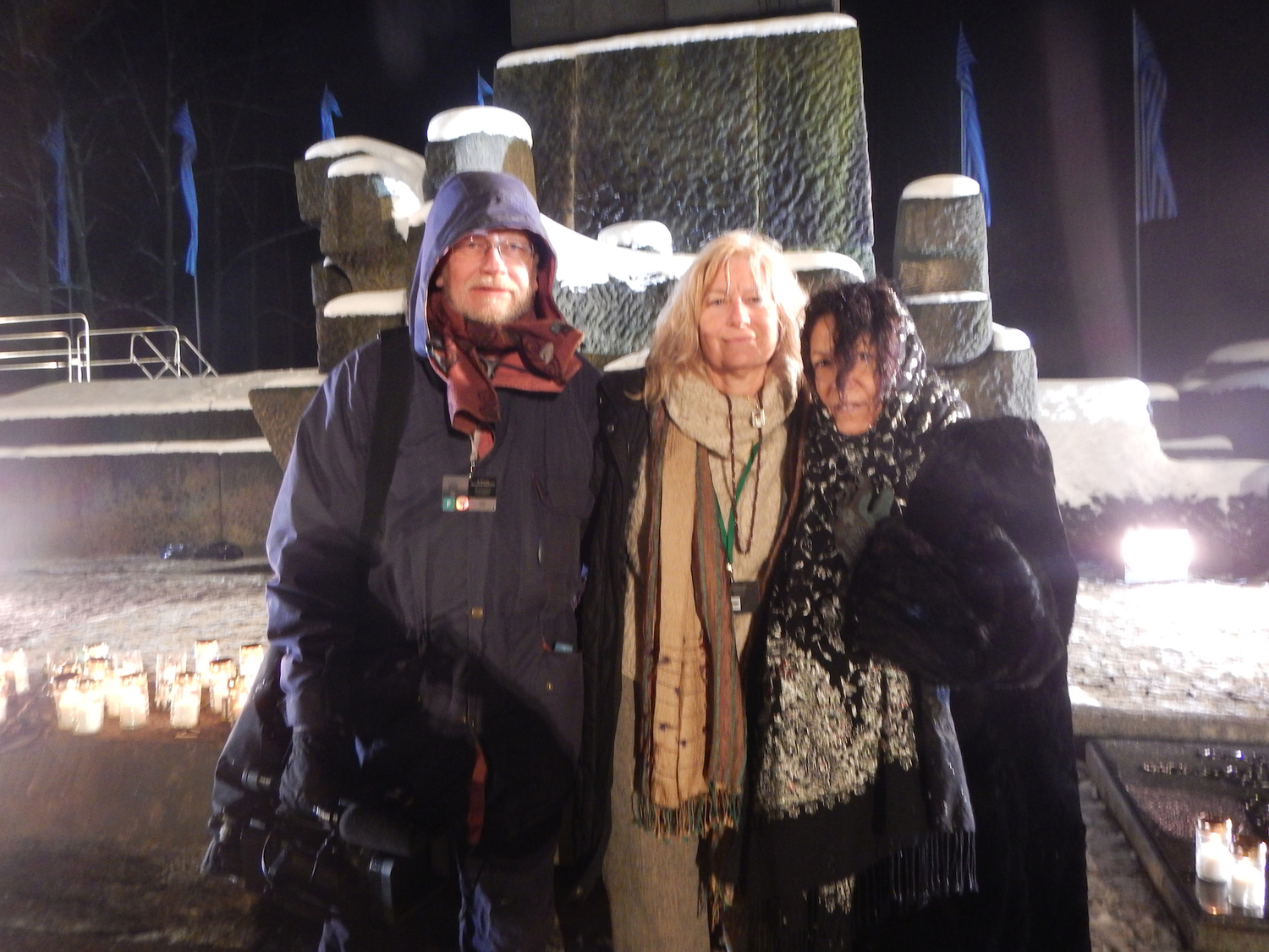 Filmmakers Heather Dune Macadam, Stephen Hopkins and Ellen Frank at Auschwitz during observation of the 80th liberation. Macadam's documentary 