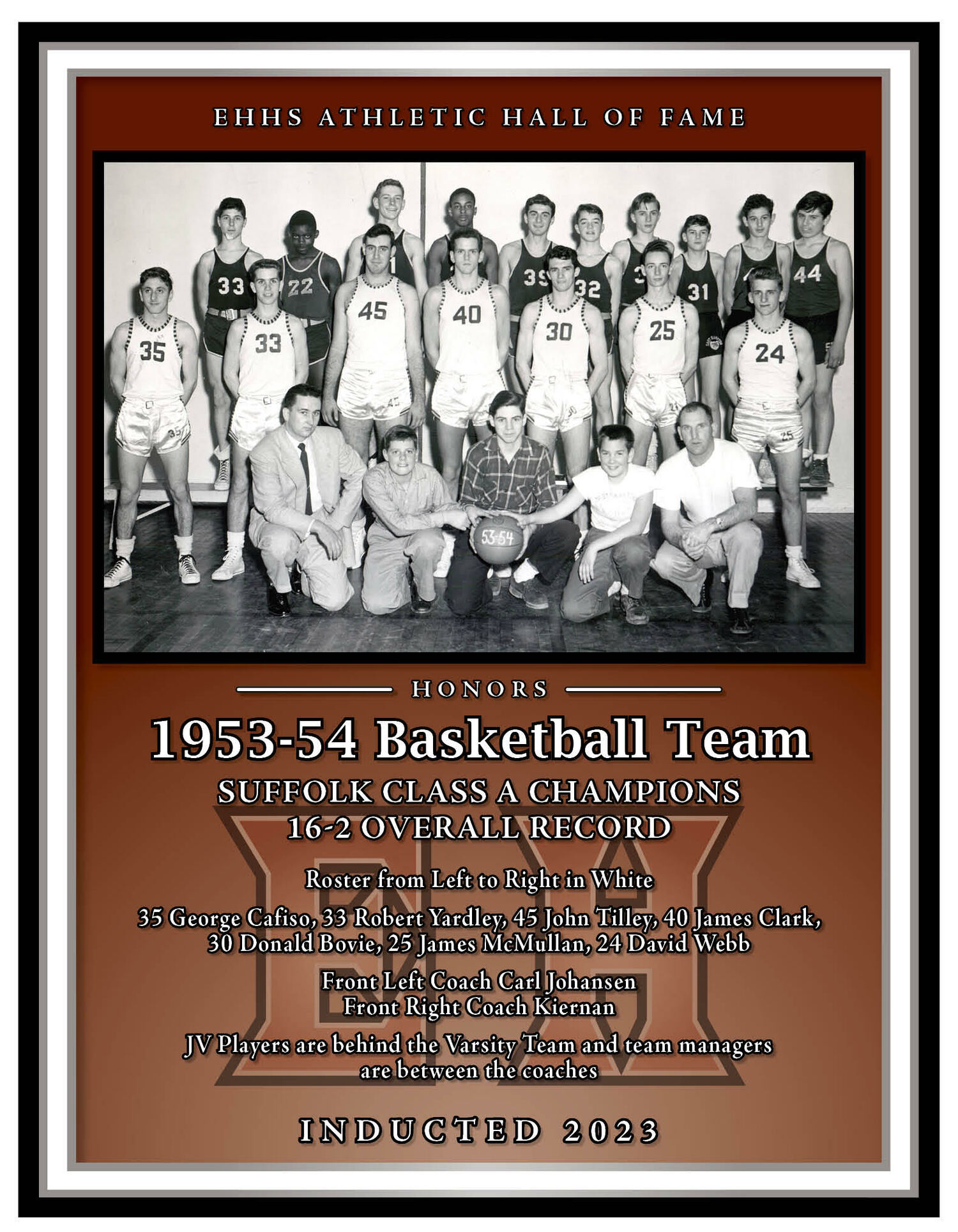 The 1954-54 boys basketball team's plaque.  COURTESY EAST HAMPTON ATHLETICS