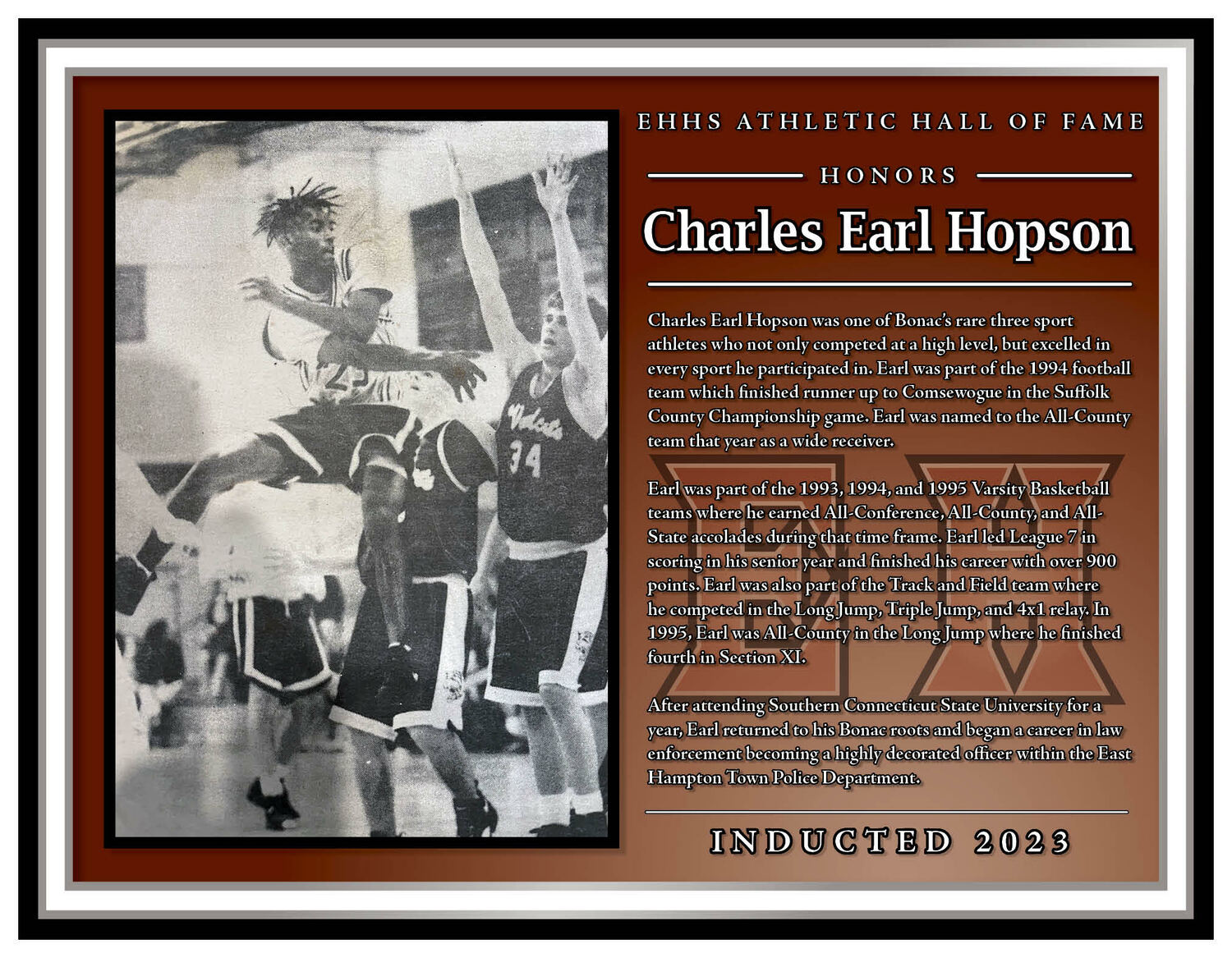 Charles Earl Hopson's plaque.   COURTESY EAST HAMPTON ATHLETICS