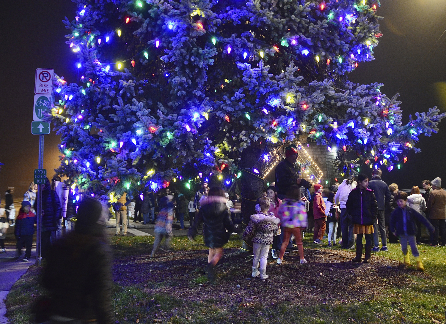 The tree is lighted in Sag Harbor on Saturday evening.