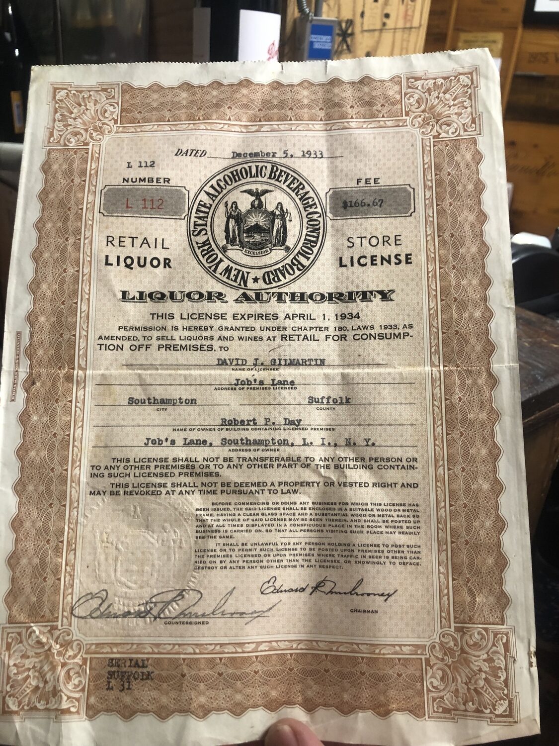 The original liquor license. Herbert and Rist opened the day after Prohibition ended.