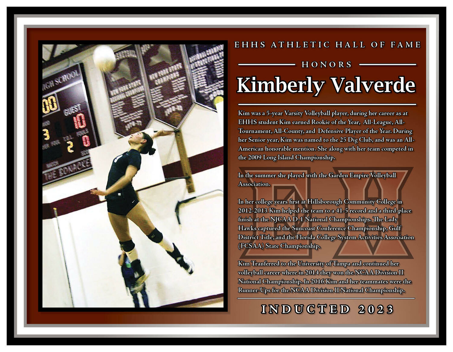 Kim Valverde's plaque.   COURTESY EAST HAMPTON ATHLETICS