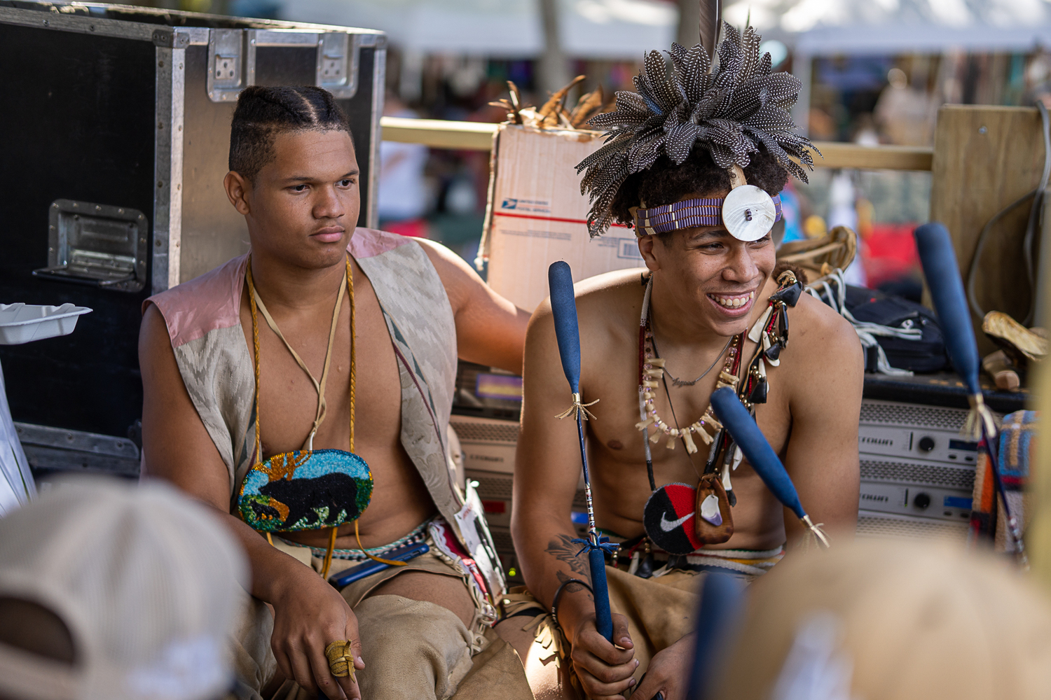 Nootimus Williams and Justin Maddox, two members of the Youngblood Singers, sit at the drum. In Native American culture, the drum represents the heartbeat of Mother Earth. REBEKAH PHOENIX WISE