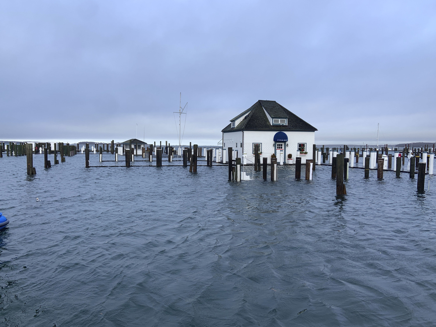 The Sag Harbor Yacht Club at 3 p.m. Monday after a Sunday night storm bashed the area.  STEPHEN J. KOTZ