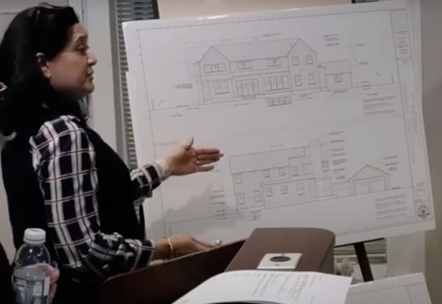 As seen on Zoom, Namita Modi, Pat Trunzo’s architect for his proposed house at 12 Marsden Street, shows an elevation of the project to the Sag Harbor HPARB on December 14.