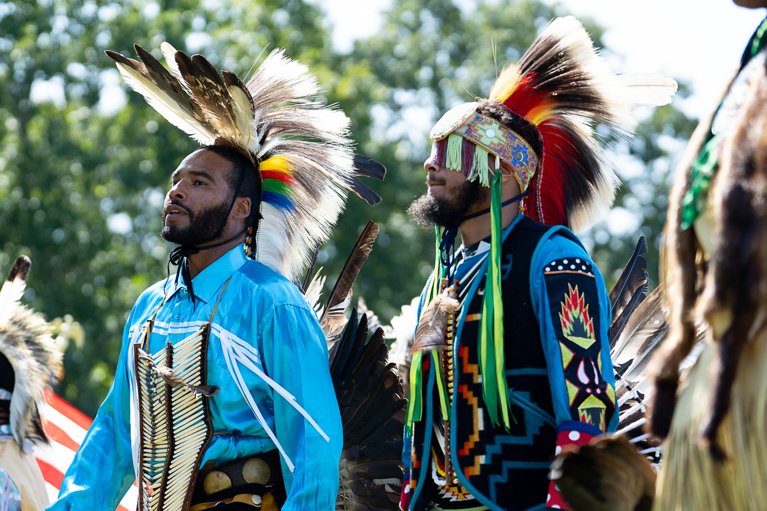 Vincent Cuffee and Andre Franklin, men’s traditional dancers, tell a story of tracking prey in a hunt or an enemy in battle. REBEKAH PHOENIX WISE