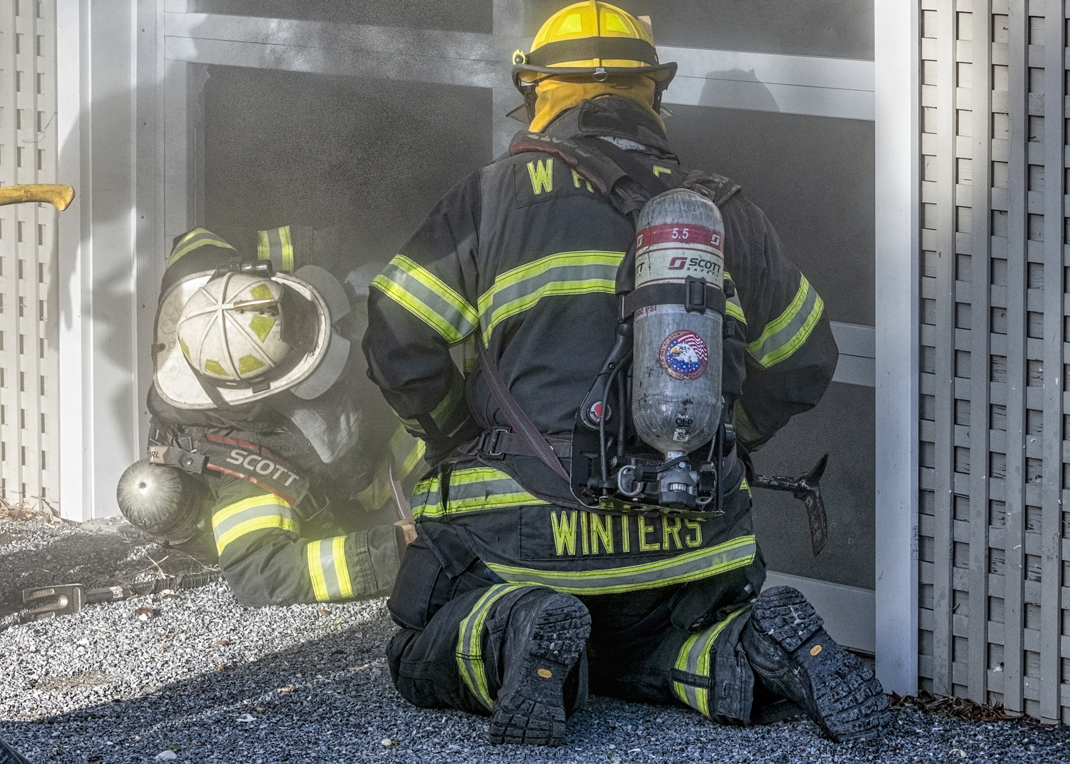 Firefighters on the scene of a house fire in the 800 block of Dune Road on Friday, December 22.  COURTESY WESTHAMPTON BEACH FIRE DEPARTMENT