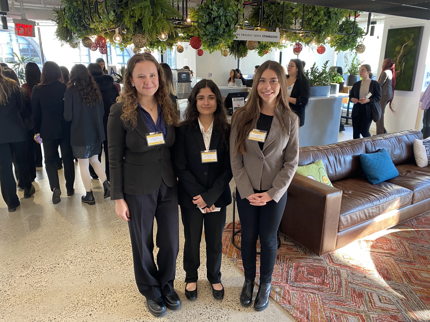 Three Westhampton Beach High School students recently attended the Virtual Enterprise Winning Women Conference sponsored by Mastercard at the Mastercard
Tech Hub in New York City. From left, the seniors, Patricija Dirzius, Isabella Jiminez and Taylor Lagattolla took part in roundtable discussions, heard from a panel of female Mastercard executives and participated in a tour of the impressive facility. Additionally, their teacher, Amy Demchak, presented during the conference. COURTESY WESTHAMPTON BEACH SCHOOL DISTRICT