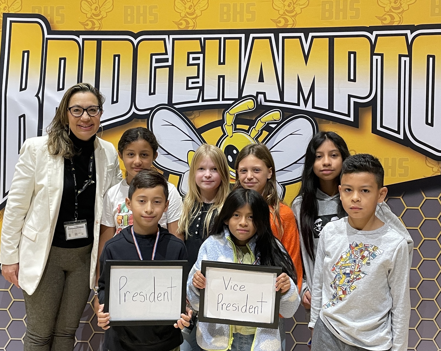 Hamra Ozsu with Bridgehampton Elementary School President Andy Caberera,  Vice President Naomi Flores and other election participants. COURTESY BRIDGEHAMPTON SCHOOL DISTRICT