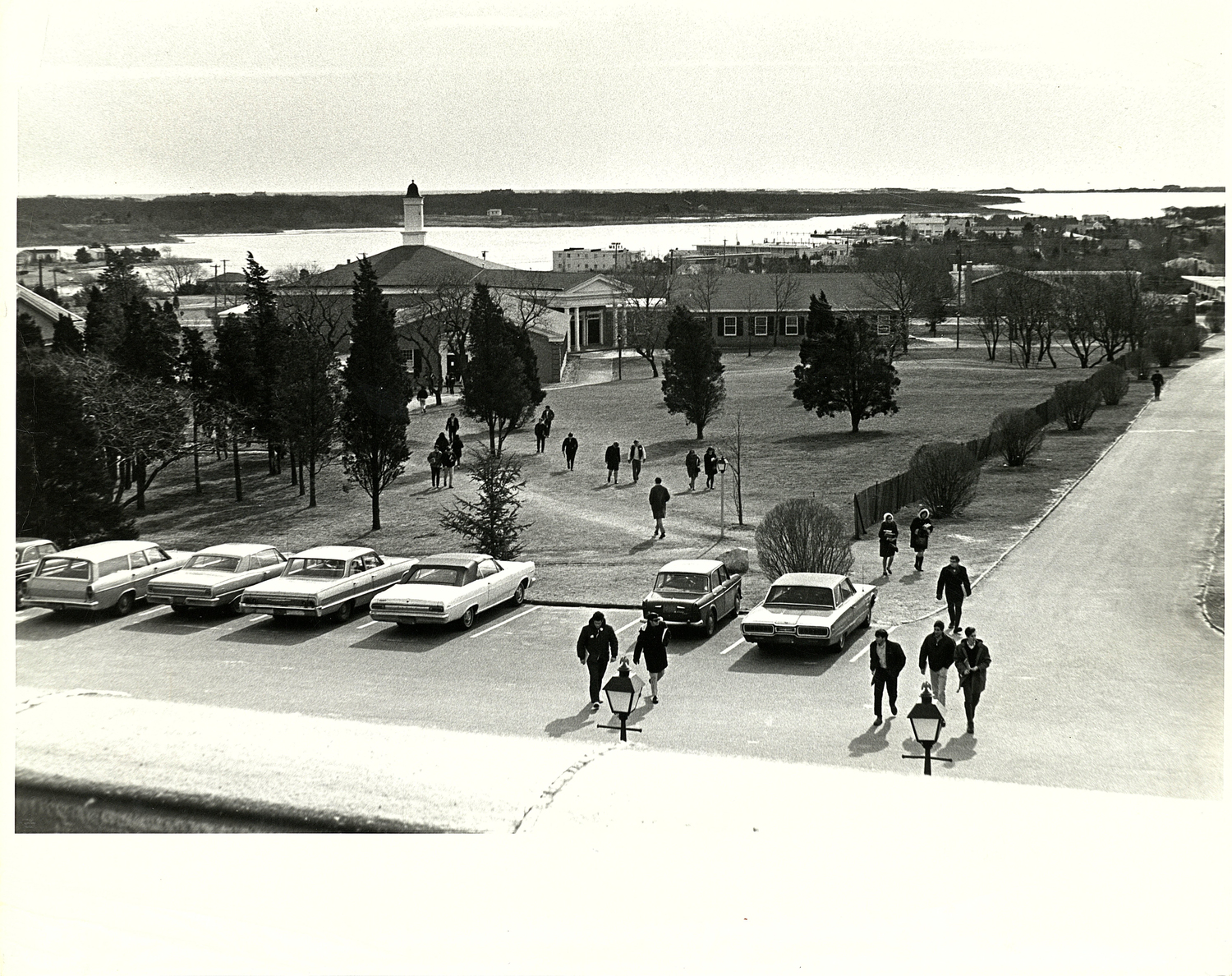 An early view from the administration building of the Fine Arts building, with Shinnecock Bay in the distance. COURTESY SOUTHAMPTON TOWN HISTORIC DIVISION