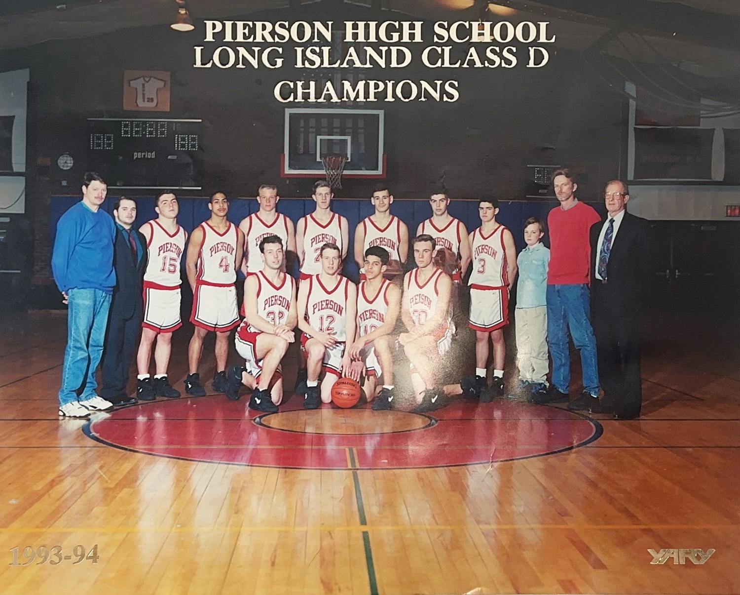 Kevin O'Halloran (in red shirt) with the 1993-94 Pierson boys basketball team, which won the Suffolk County and Long Island titles that year.