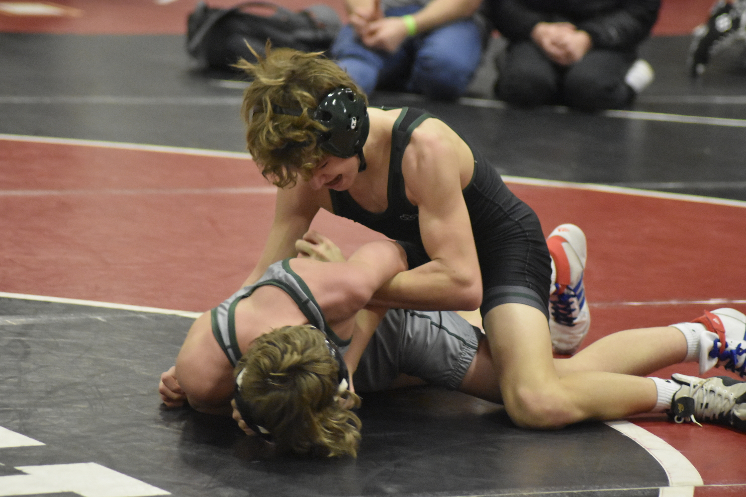 Westhampton Beach freshman Dylan Blenk works against his Kennedy opponent. DREW BUDD