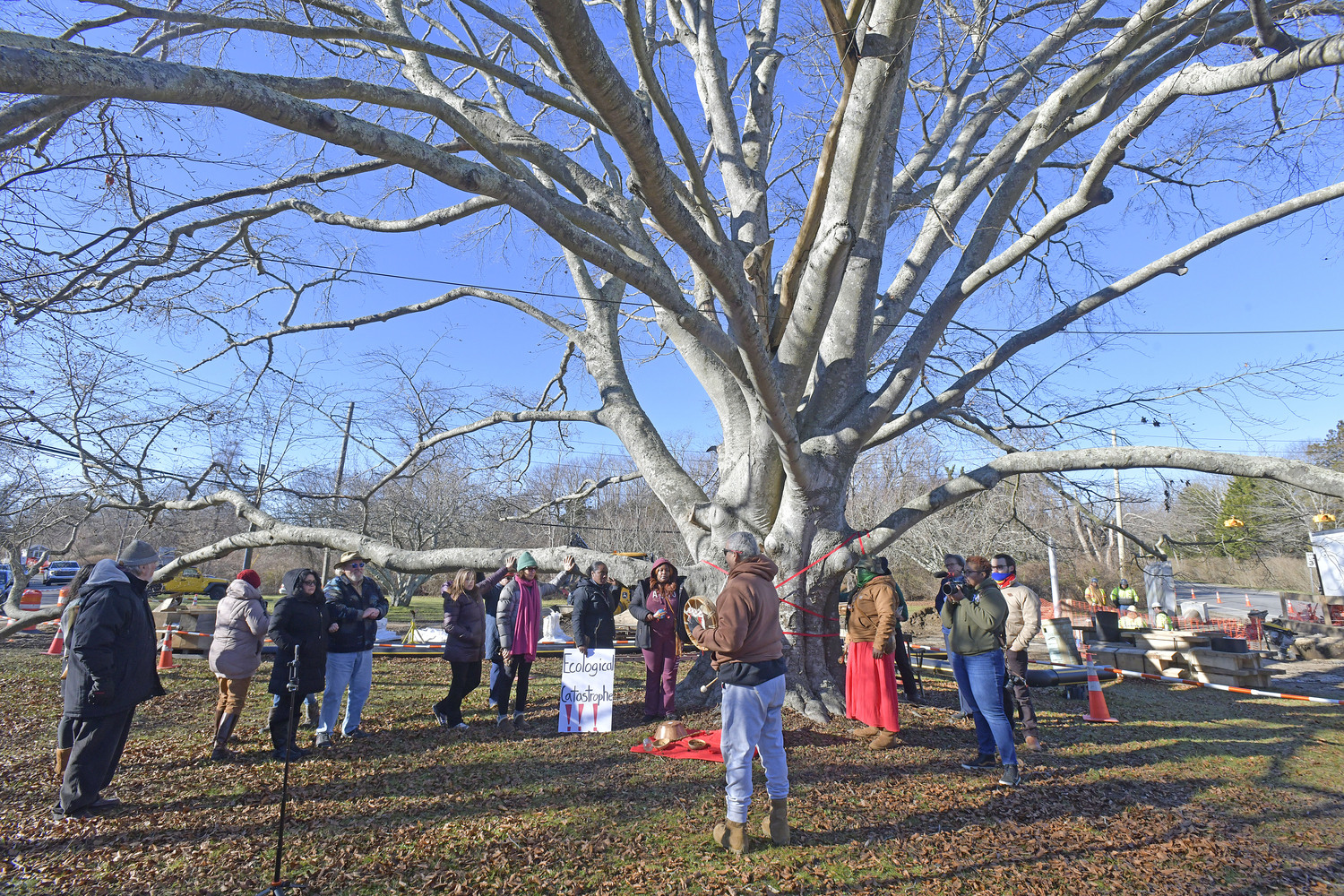 Members of the Shinnecock Nation and the general public gathered at the large, old beech tree at the corner of East Gate Road and Hill Street on Monday in attempts to preserve it from harm.  DANA SHAW