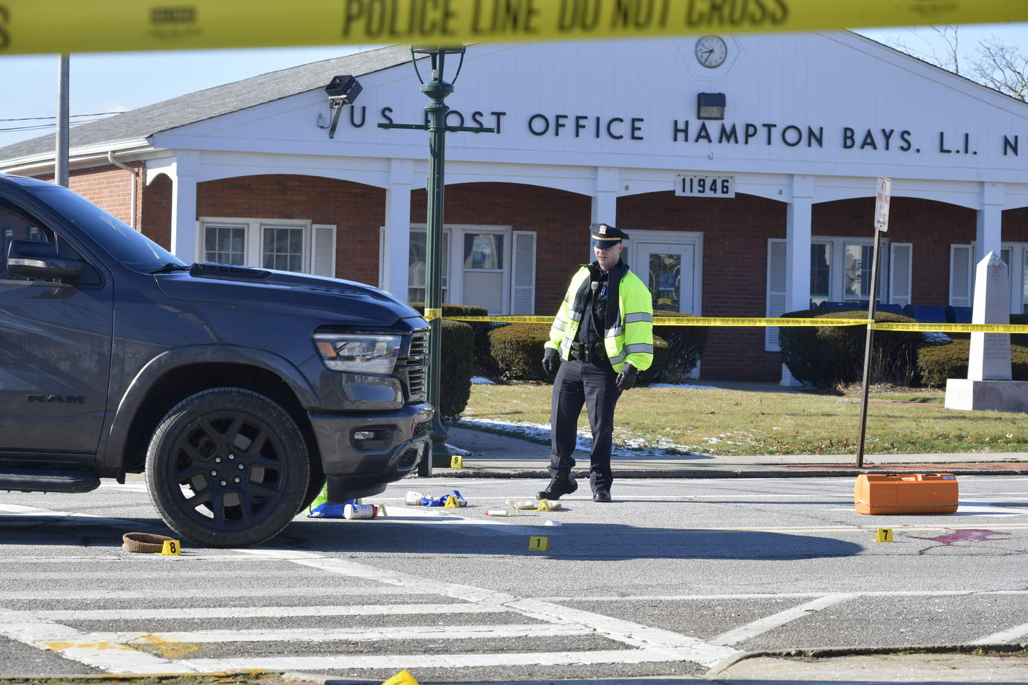 A pedestrian was hit by a truck near the intersection  of Good Ground Road and Ponquogue Avenue in Hampton Bays on Monday morning.  DANA SHAW