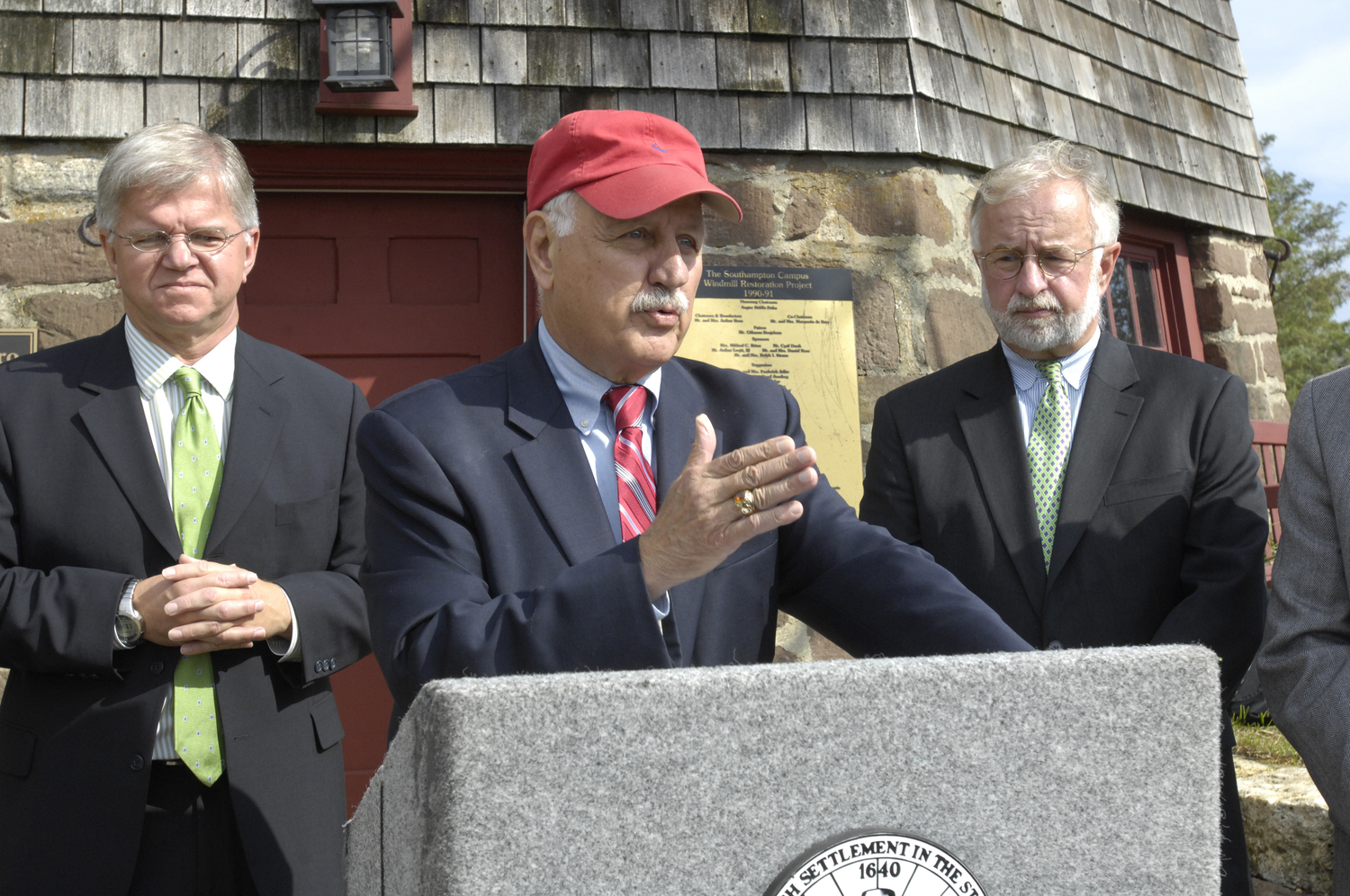 In 2005, State Senator Kenneth P. LaValle, center, and Assemblyman Fred W. Thiele Jr., left, brokered a deal by which Stony Brook University took over the campus, rechristening it Stony Brook Southampton. On the right is Congressman and former Tim Bishop.  DANA SHAW