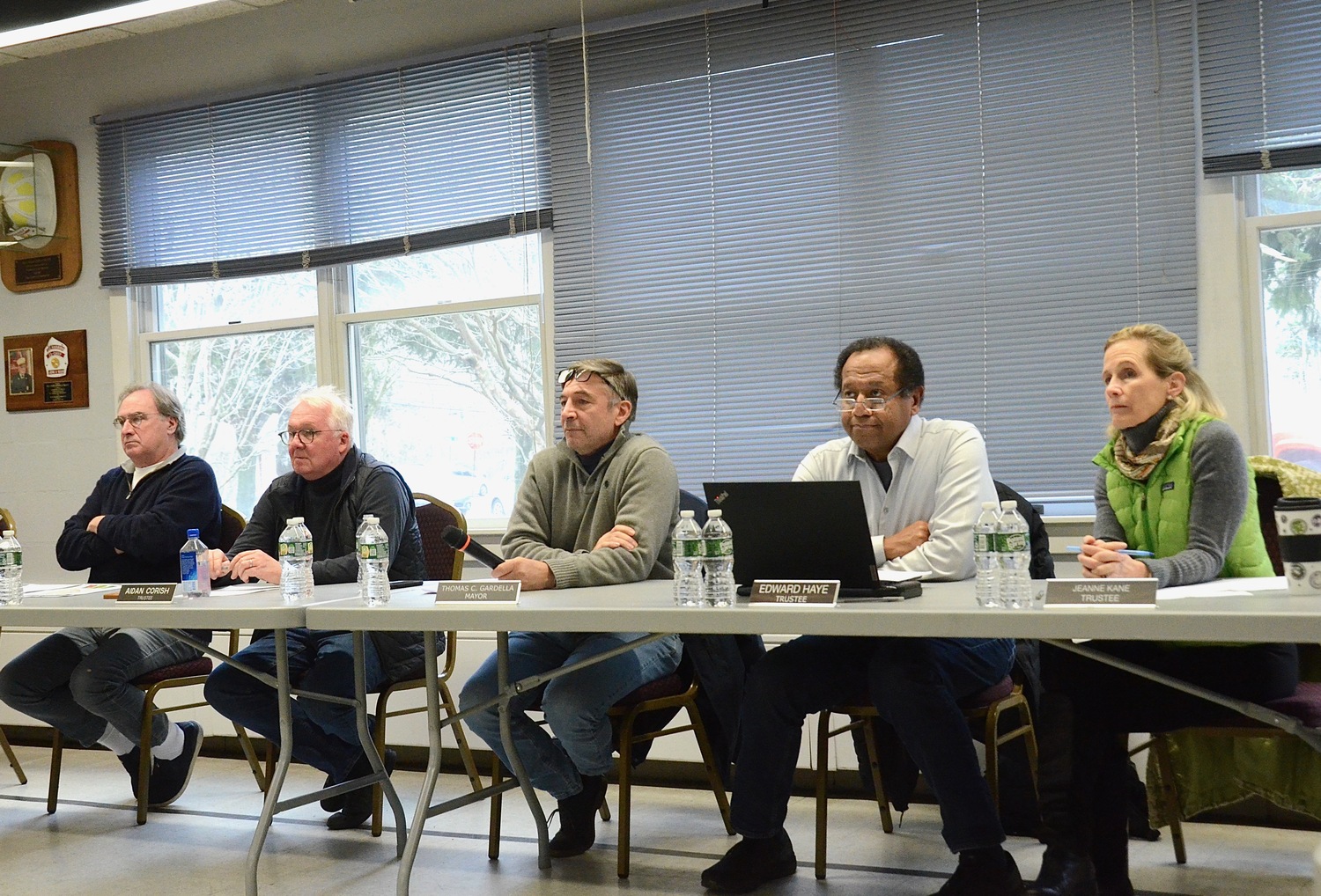 Members of the Sag Harbor Village Board, from left, Trustee Bob Plumb, Trustee Aidan Corish, Mayor Tom Gardella, Trustee Ed Haye, and Trustee Jeanne Kane at Saturday's affordable housing workshop. KYRIL BROMLEY