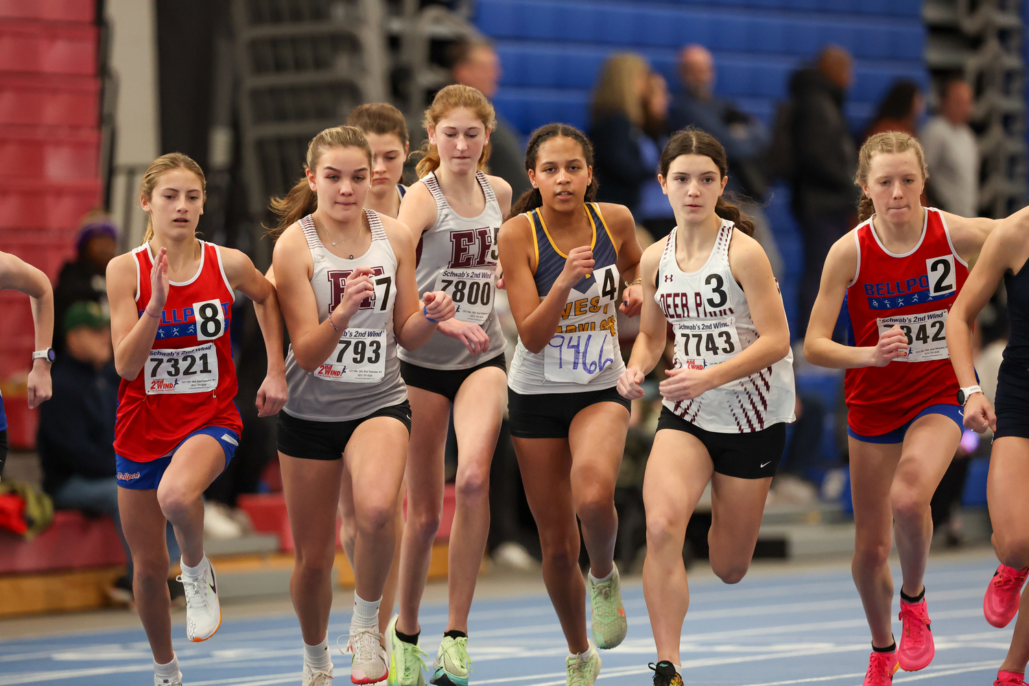 Pierson junior Greylynn Guyer, left, and sophomore Sara O’Brien try not to get boxed in at the start of the 1,000-meter race on Saturday.    RON ESPOSITO