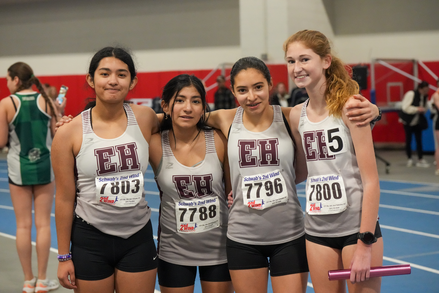 East Hampton's sprint medley relay, from left, Sam Ruano, Sophia Figueroa, Laura Martinez and Sara O'Brien.   RON ESPOSITO