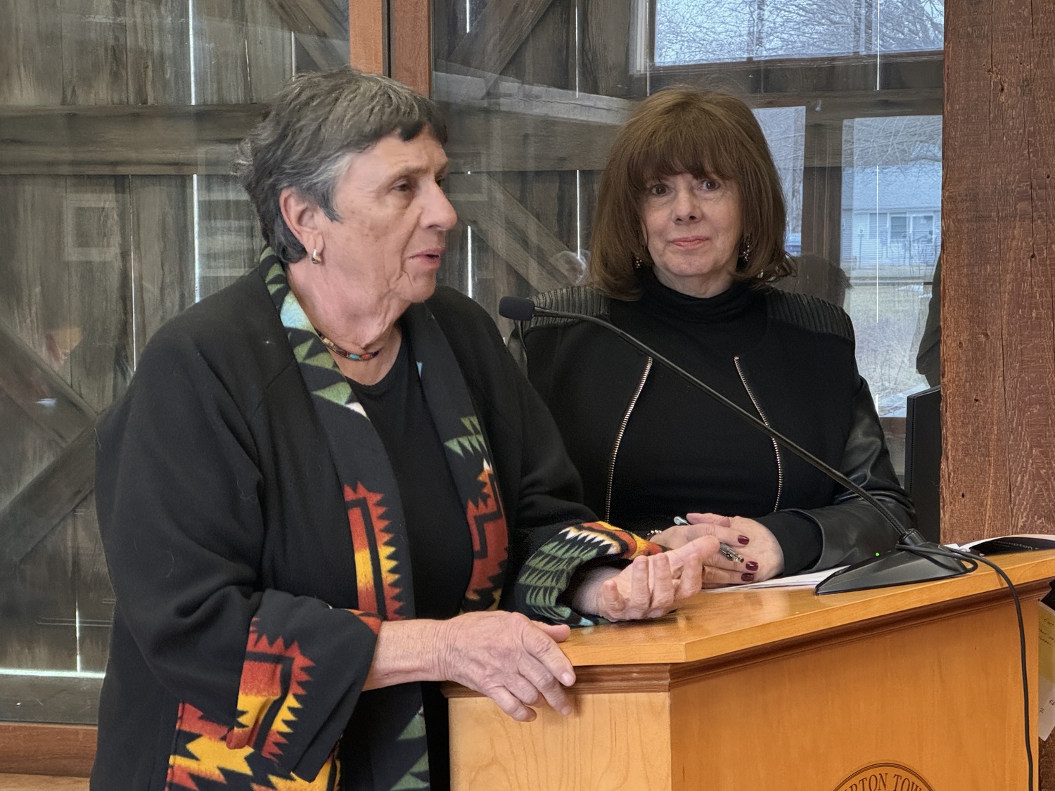 Architects Ronette Riley, right, and Carol Ross Barney gave a lengthy defense this week of the 22,000-square-foot design of the new East Hampton Town Senior Center that they have proposed. MICHAEL WRIGHT