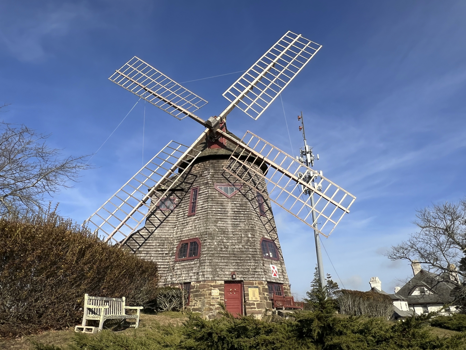 The windmill at the Stony Brook Southampton campus today. The blades have been replaced, but the structure is currently deemed unsafe and is condemned.     DANA SHAW