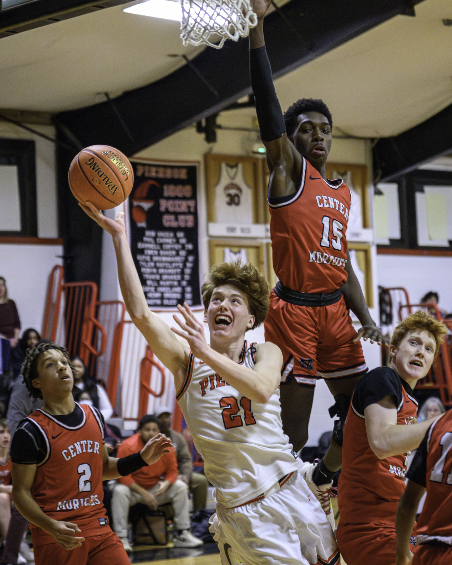 Pierson senior Luke Seltzer avoids multiple Center Moriches defenders as he tries to score inside.   MARIANNE BARNETT