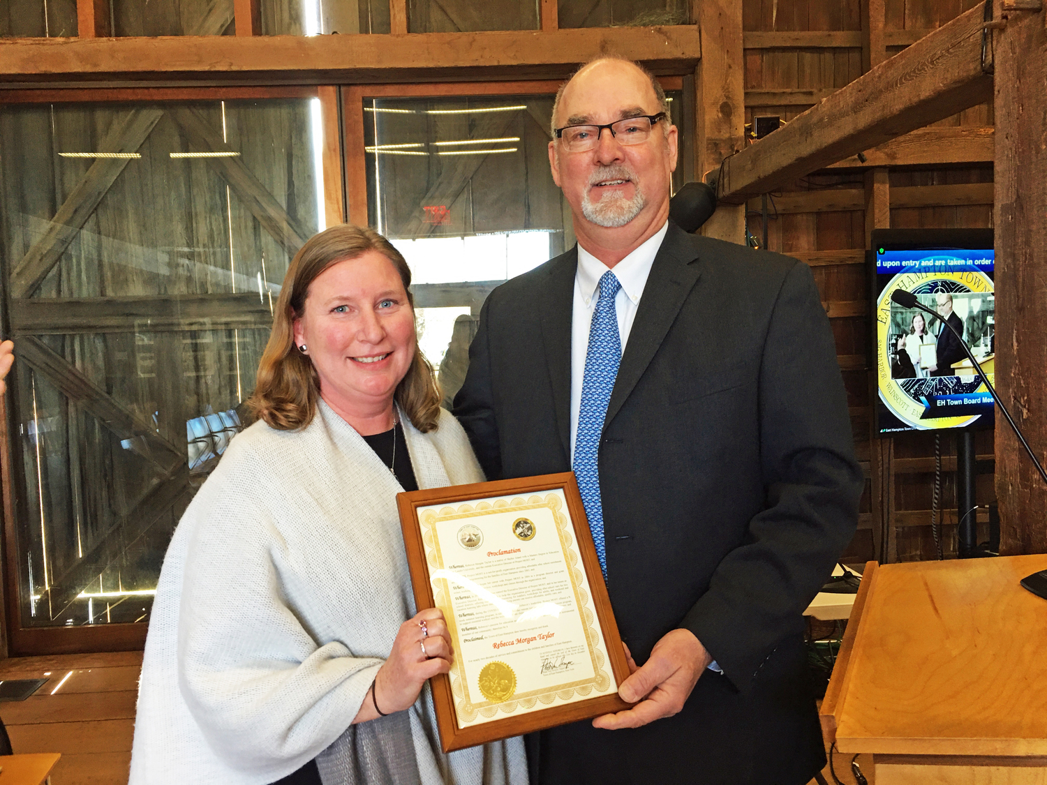 Project MOST Executive Director Rebecca Morgan Taylor with East Hampton Town Supervisor Peter Van Scoyoc.  RICHARD LEWIN