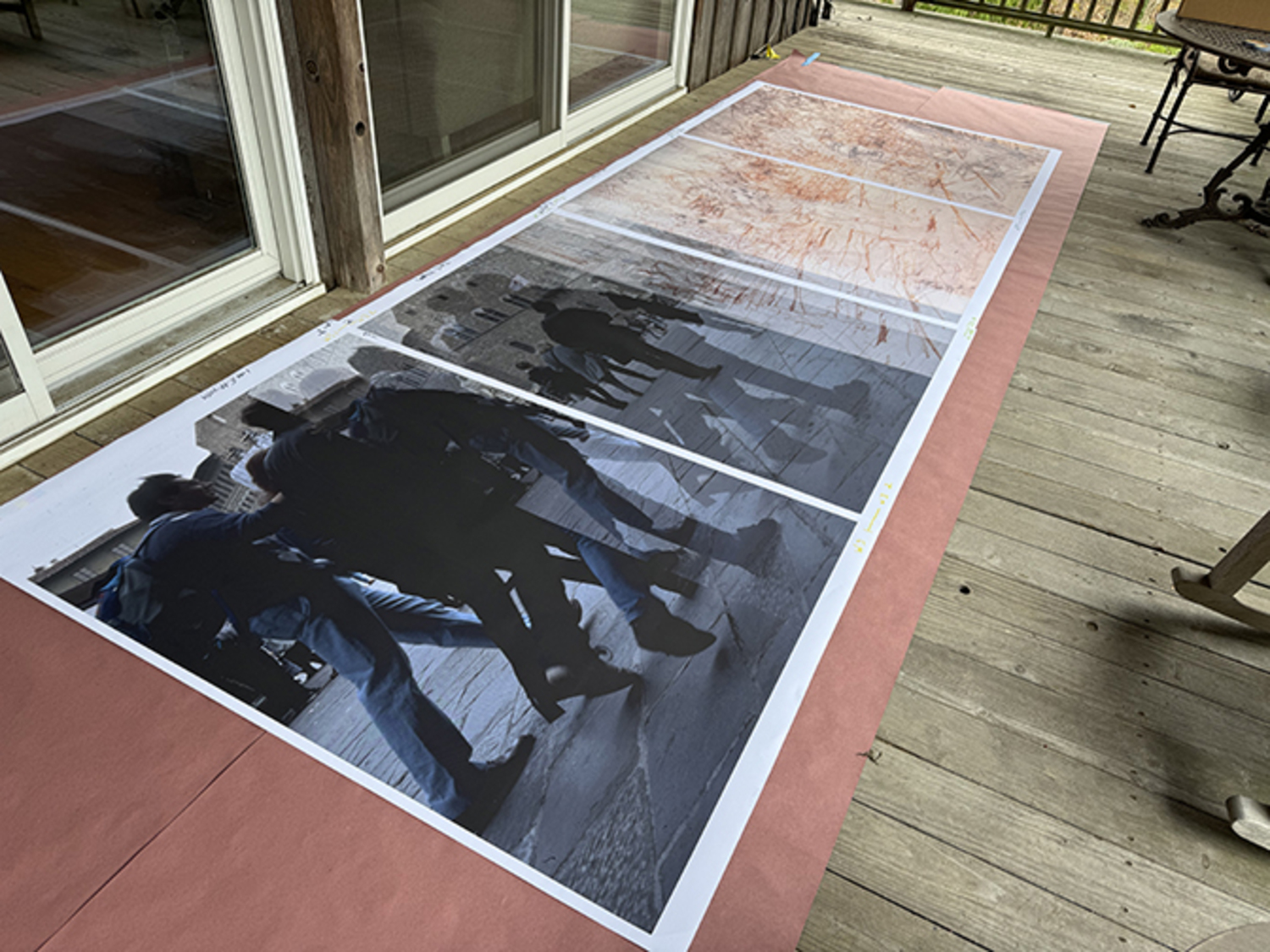 A large scale digital print which Solow prints in sections and then sews together into completed panels. The panels are in an unfinished state and will be transformed into something very different during the residency. COURTESY THE ARTIST