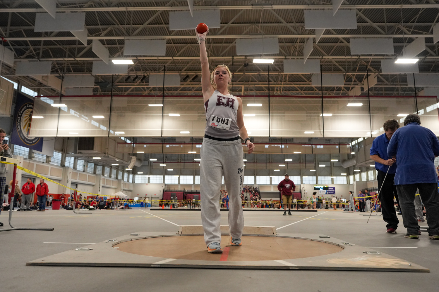 East Hampton senior Ryleigh O'Donnell participated in the shot put for the first time since her sophomore year so teammate Melina Sarlo could compete at the Zeitler Relays on Saturday.   RON ESPOSITO