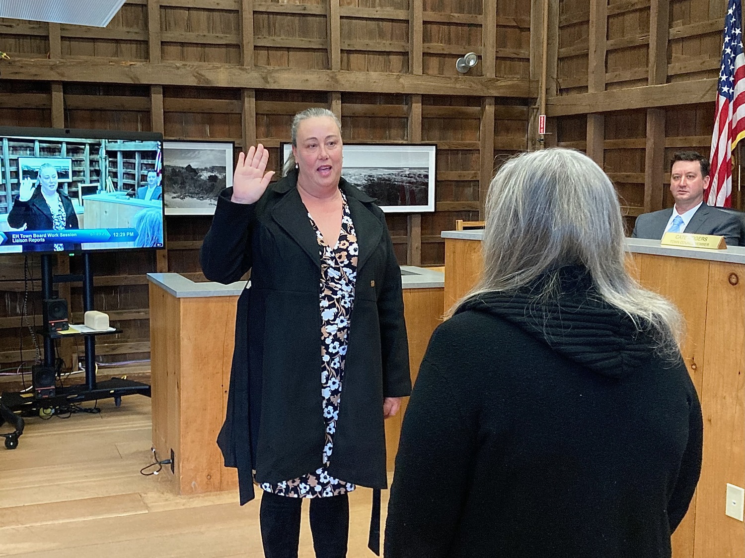 Jennifer Fowkes was sworn in on Tuesday as a member of the East Hampton Town Planning Board, replacing Ian Calder-Piedmonte, who has been appointed to the Town Board. KYRIL BROMLEY