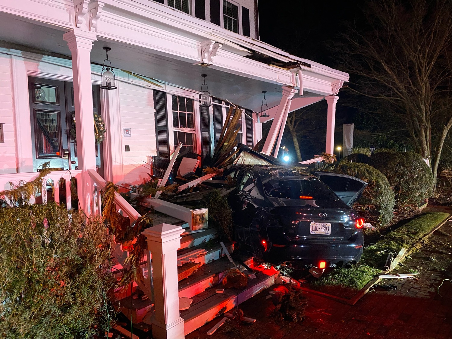 Vehicles have crashed into the Hedges Inn on James Lane in East Hampton Village eight times in the last 10 years, and on a regular basis for decades. The most recent crash, on January 15, left a car carrying four teenagers impaled in the inn's front porch. The inn is asking the village to help it come up with a way to protect the building and its occupants, or passersby from getting hurt the next time it happens. MARCOS BALADRON