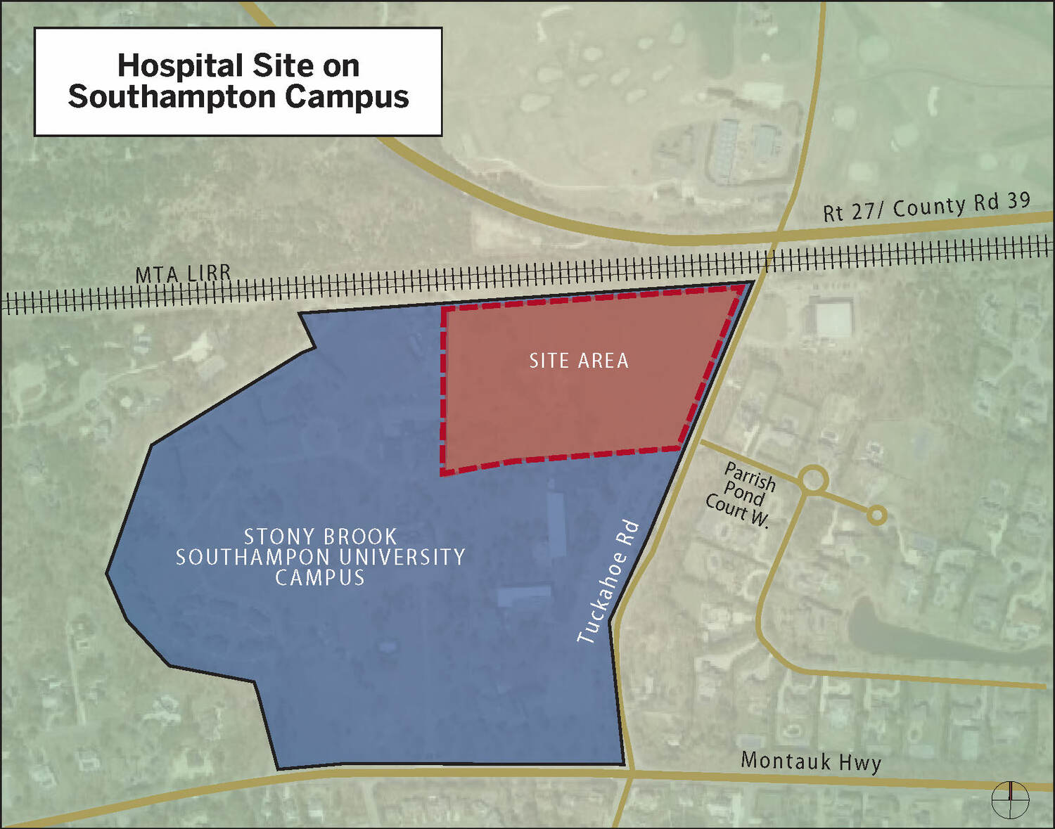The new Stony Brook Southampton Hospital will be built on 15 acres at the northeastern end of the campus, where the baseball and soccer fields are now. The site is adjacent to where the LIRR station used to stand, and may again someday.