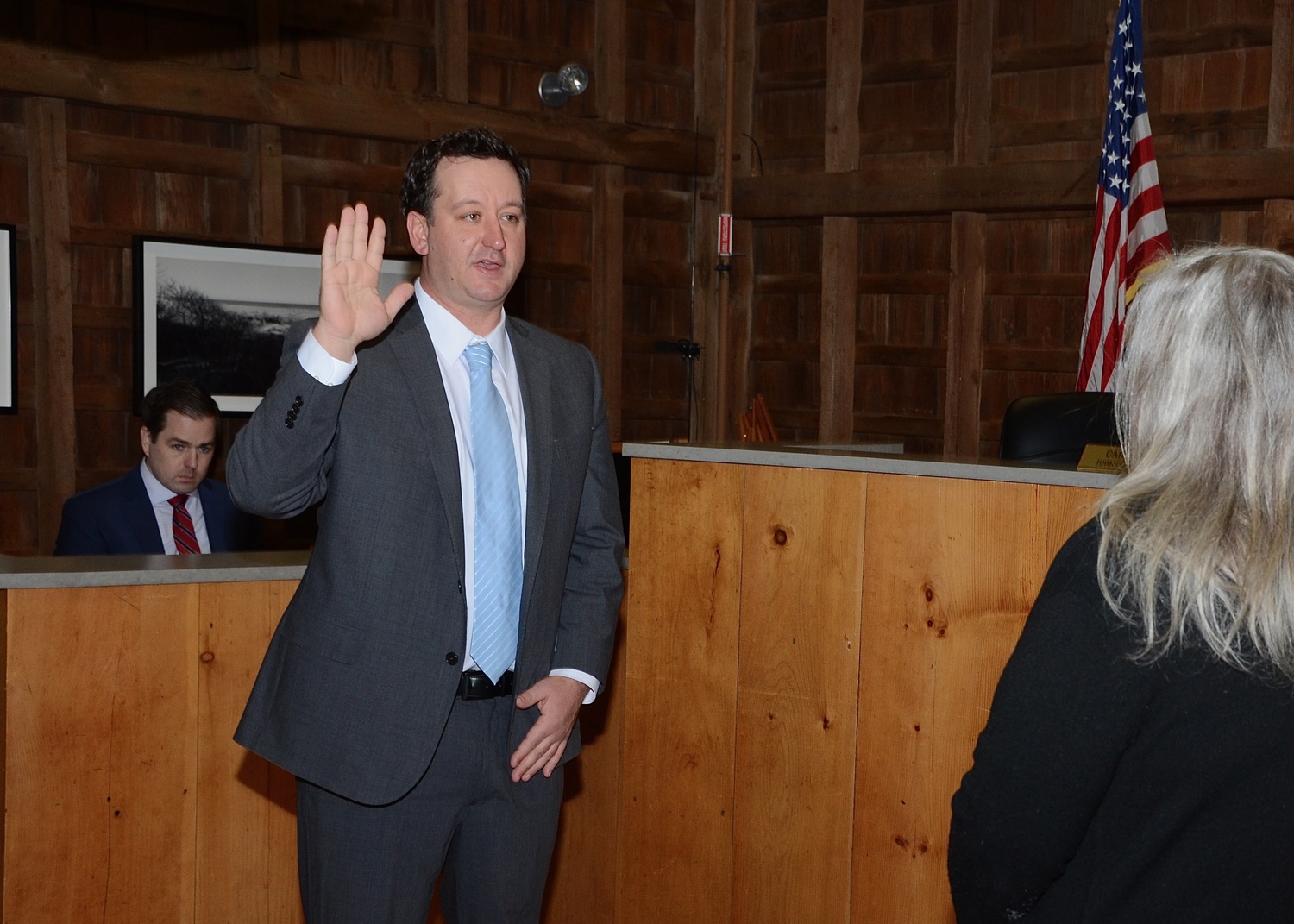 Ian Calder-Piedmonte was sworn in as a town councilman on Tuesday at Town Hall. He will have to run in a special election in November to retain the seat after the end of this year. KYRIL BROMLEY