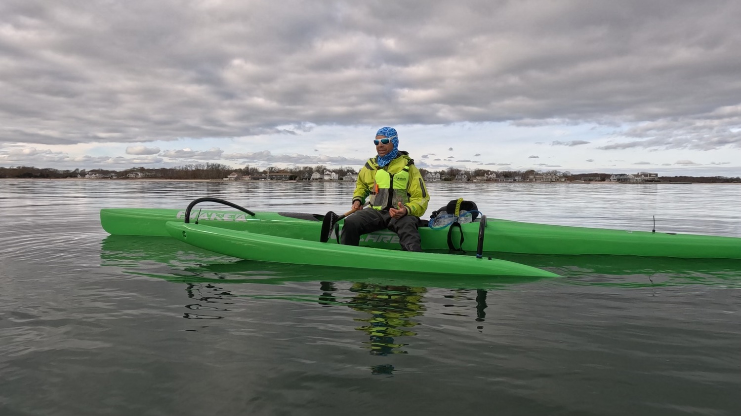 Jeremy Grosvenor on his 29-pound outrigger canoe paddling from Orient Point to Riverhead in November.