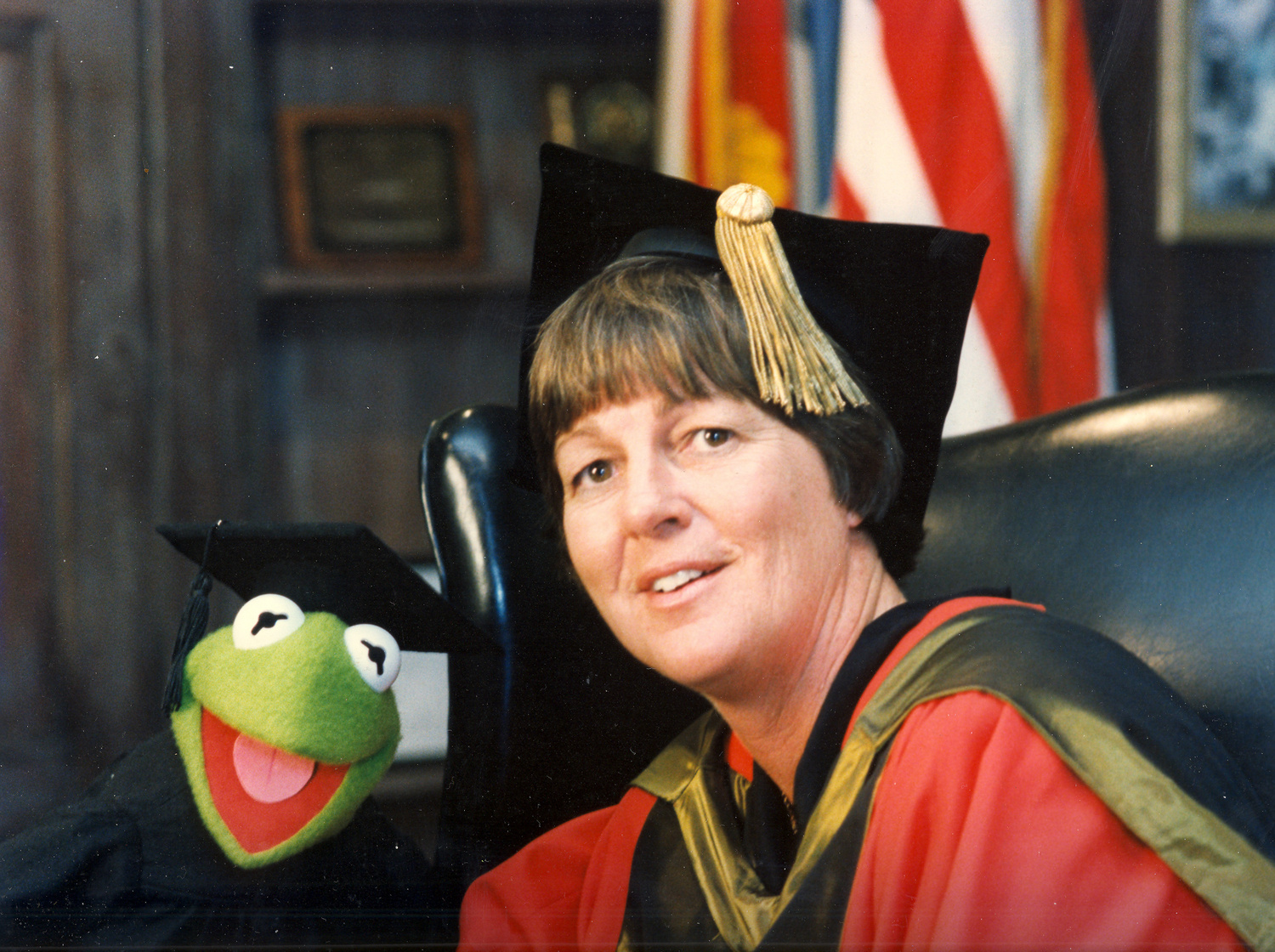 Sandy Shumway, pictured with another notable Southampton College alum, Kermit the Frog. He received an honorary degree from the college.