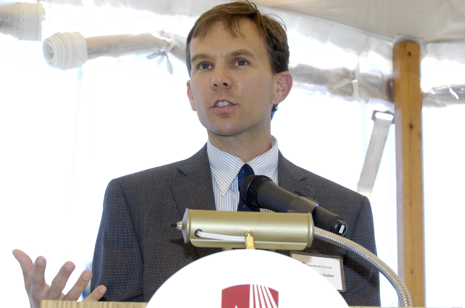 Dr. Christopher Gobler at the ground breaking in May of 2012 for the  $8.3 million new Marine Science facility on Fort Pond Bay,   DANA SHAW