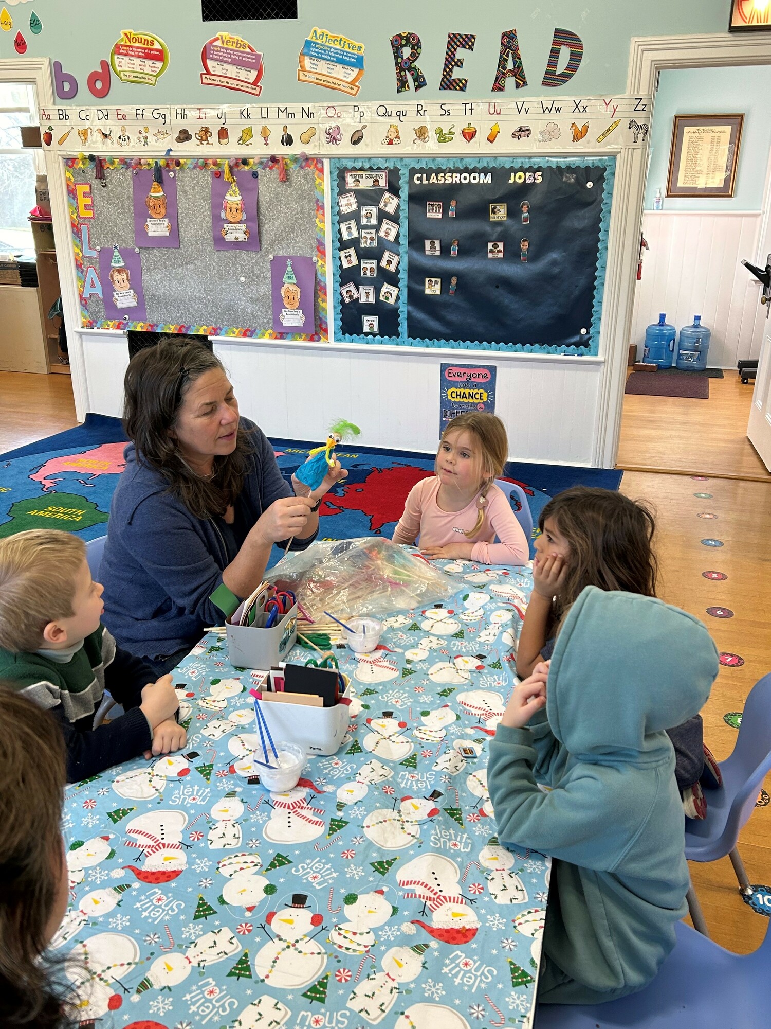 Liz Joyce of Goat on a Boat made puppets with the pre-k students at Sagaponack School. COURTESY SAGAPONACK SCHOOL