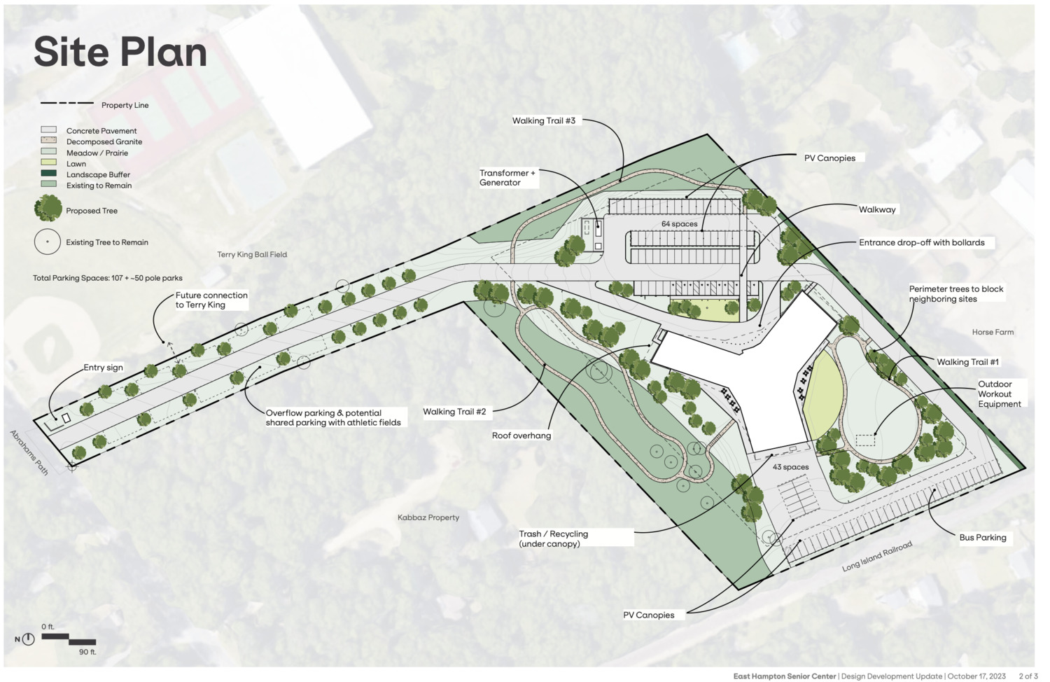The layout of the proposed new East Hampton Town Senior Center on Abrahams Path in Amagansett. The 7 acre property is a flag lot and would be set back more than 700 feet from the road.