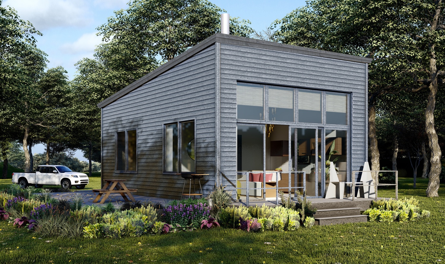 This 500-square-foot eco starter home on Shinnecock Bay used less CO2 in building materials, was easier to make energy efficient, and cost $140,000 to build.  NEA STUDIO