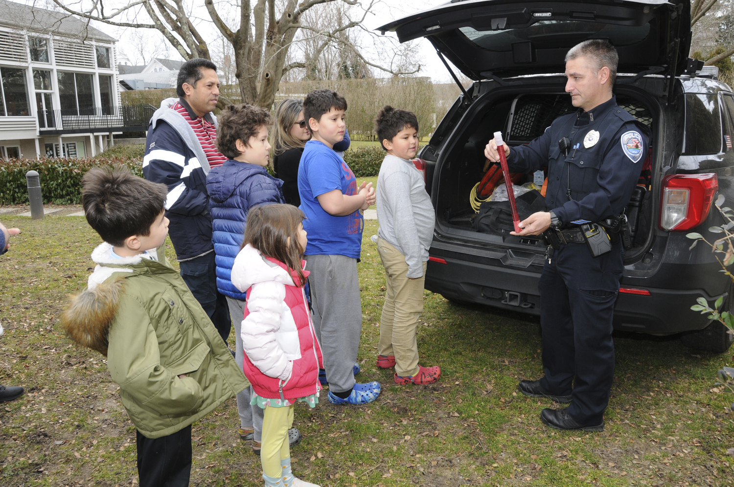 Southampton Town Police Officer Vincent Cagno visited the Hampton Library in Bridgehampton on Sunday as part of the Library's 