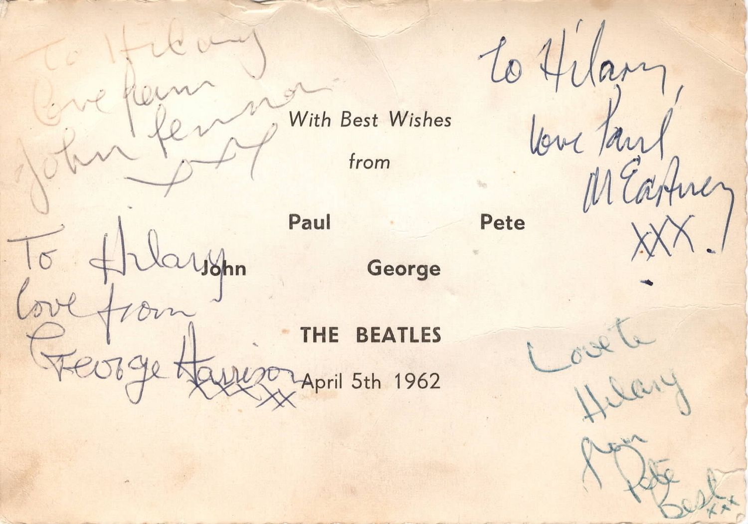 More valuable than the publicity photo are the autographs on the back of the four members of the band at the time, John Lennon, Paul McCartney, George Harrison, and Pete Best. Ringo Starr did not join the band for another four months. COURTESY HILARY COLLINS