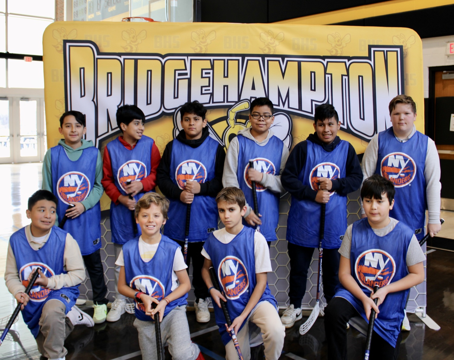 Bridgehampton Union Free School District was selected for a second time to participate in the New York Islander’s Floor Ball Program. The program introduces students to the game and culture of hockey and provides nearly $1,000 worth of brand-new Islanders branded equipment and a curriculum. COURTESY BRIDGEHAMPTON SCHOOL DISTRICT