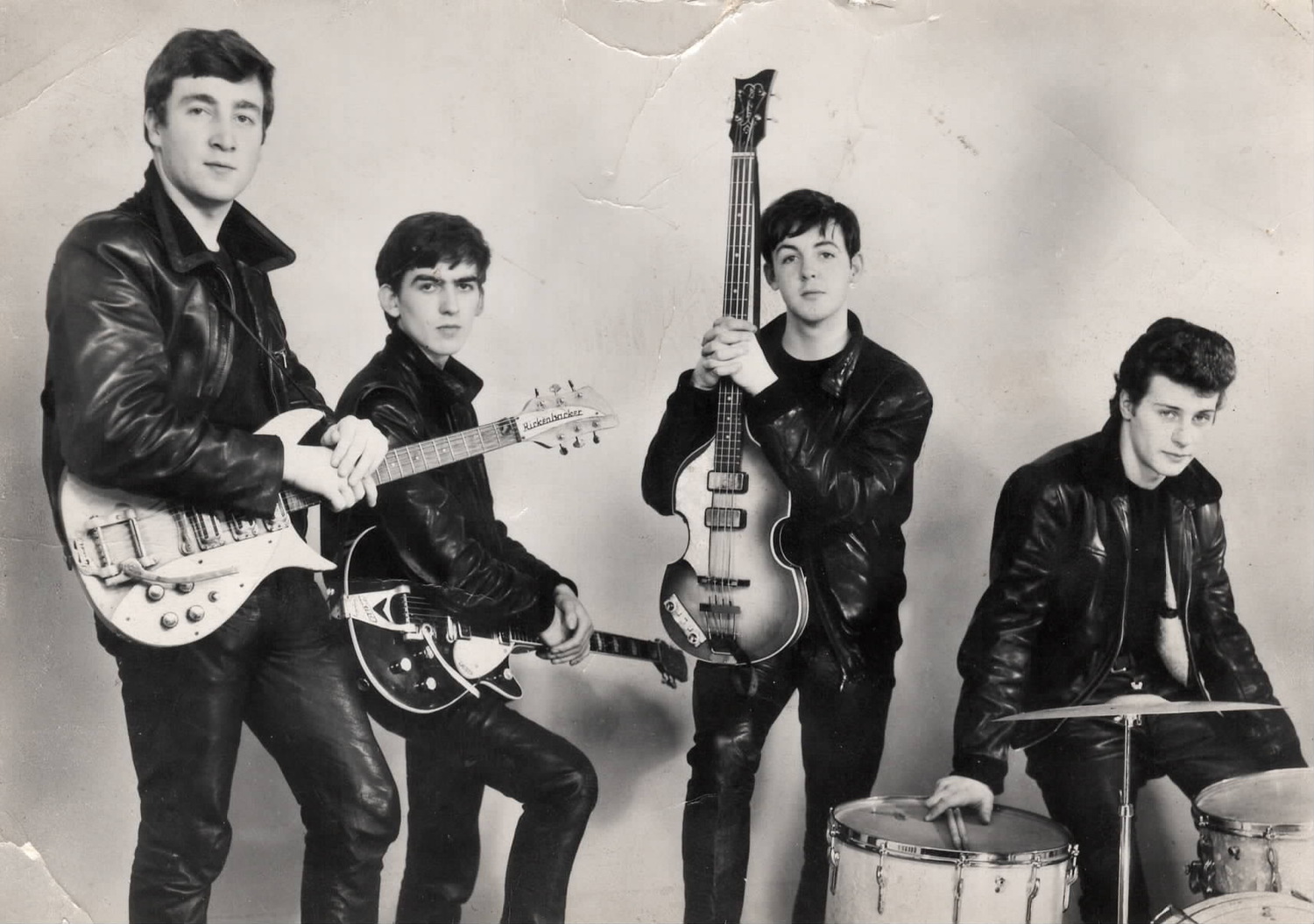 Hilary Collins of Sag Harbor still has this early publicity photo of the Beatles taken by Liverpool photographer Albert Marrion in late 1961. COURTESY HILARY COLLINS