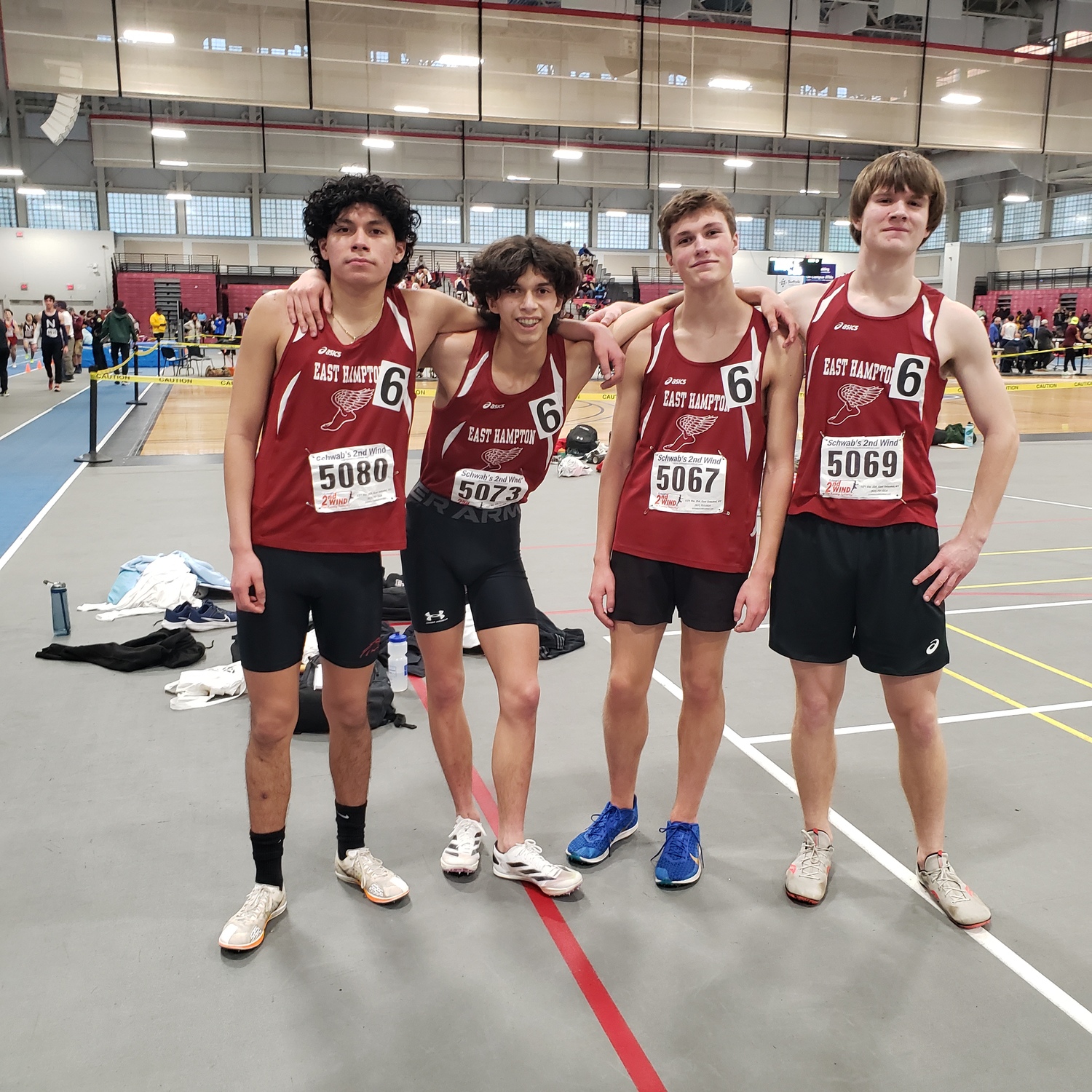 East Hampton's 4x800-meter relay team on Saturday included, from left, Brayan Rivera, Edmar Gonzalez-Nateras, Griffin Beckmann and Benson Edman.   COURTESY KEVIN BARRY