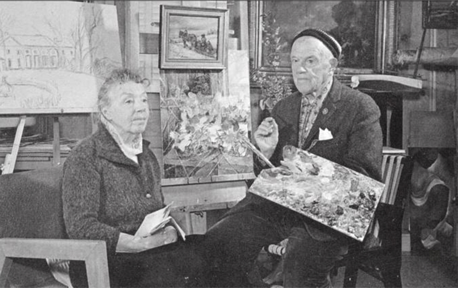 Marussia and David Burliuk in the artists' Hampton Bays Studio on Squiretown Road in the early 1960s. The studio parcel was sold in 2018.   COURTESY HAMPTON BAYS HISTORICAL SOCIETY
