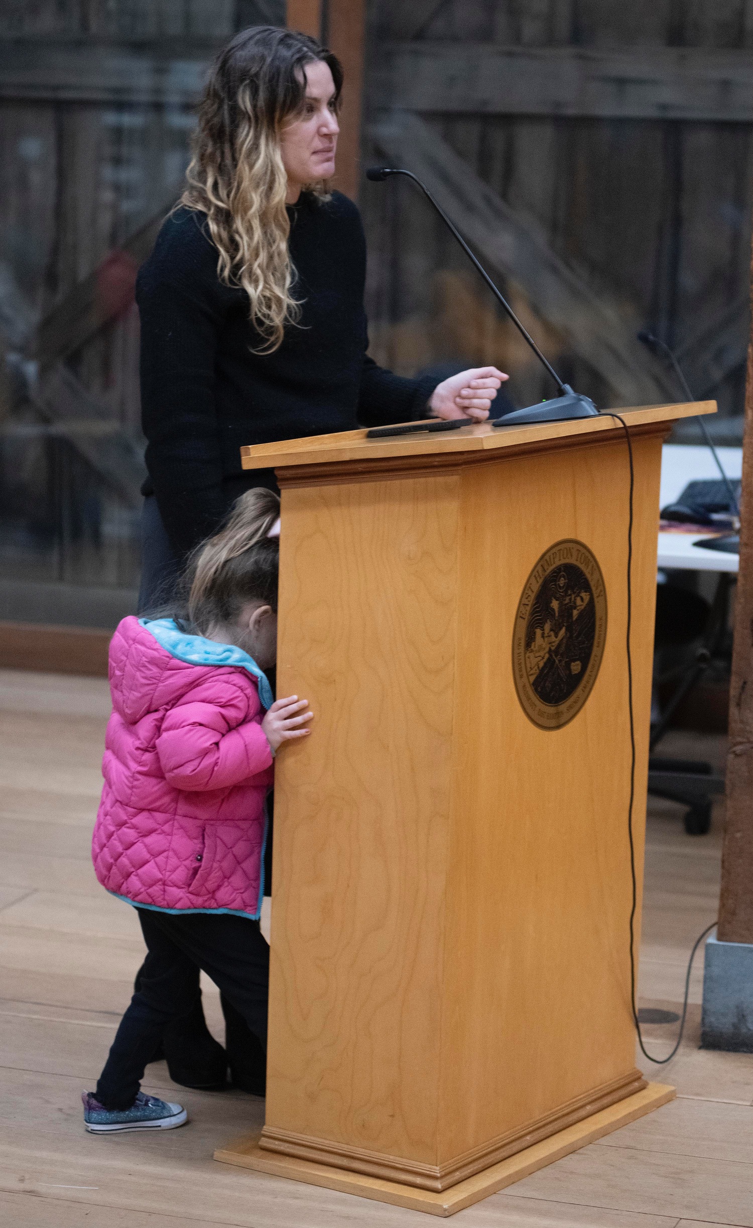 Melissa Brennan and her daughter were among the Montauk residents who came to the East Hampton Town Board meeting on February 1 to plead with the town to subsidize or take over the Montauk Childcare Center to ensure stable operations after the current operator announced it would pull out in May. DOUG KUNTZ